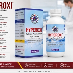 HYPEROXI®  Hydrogen Peroxide 6% BP. H₂O₂ – 20 Vol  Solution for use as a gargle, mouthwash and also in the treatment of cuts, wounds and abrasions.  POWERFUL &amp; EFFECTIVE  Effective antiseptic action helps cleanse cuts, wounds and oral infections.  MUL